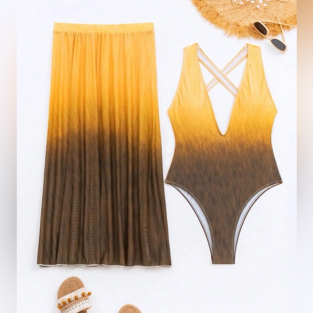 🩱NATIONAL SUNFLOWER 🌻 DAY! SHEIN ' Ombre One-piece
Swimsuit With Matching Skirt